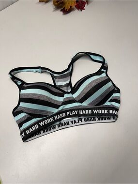 Striped Light Blue & Black Sports Bra with Motivational Band